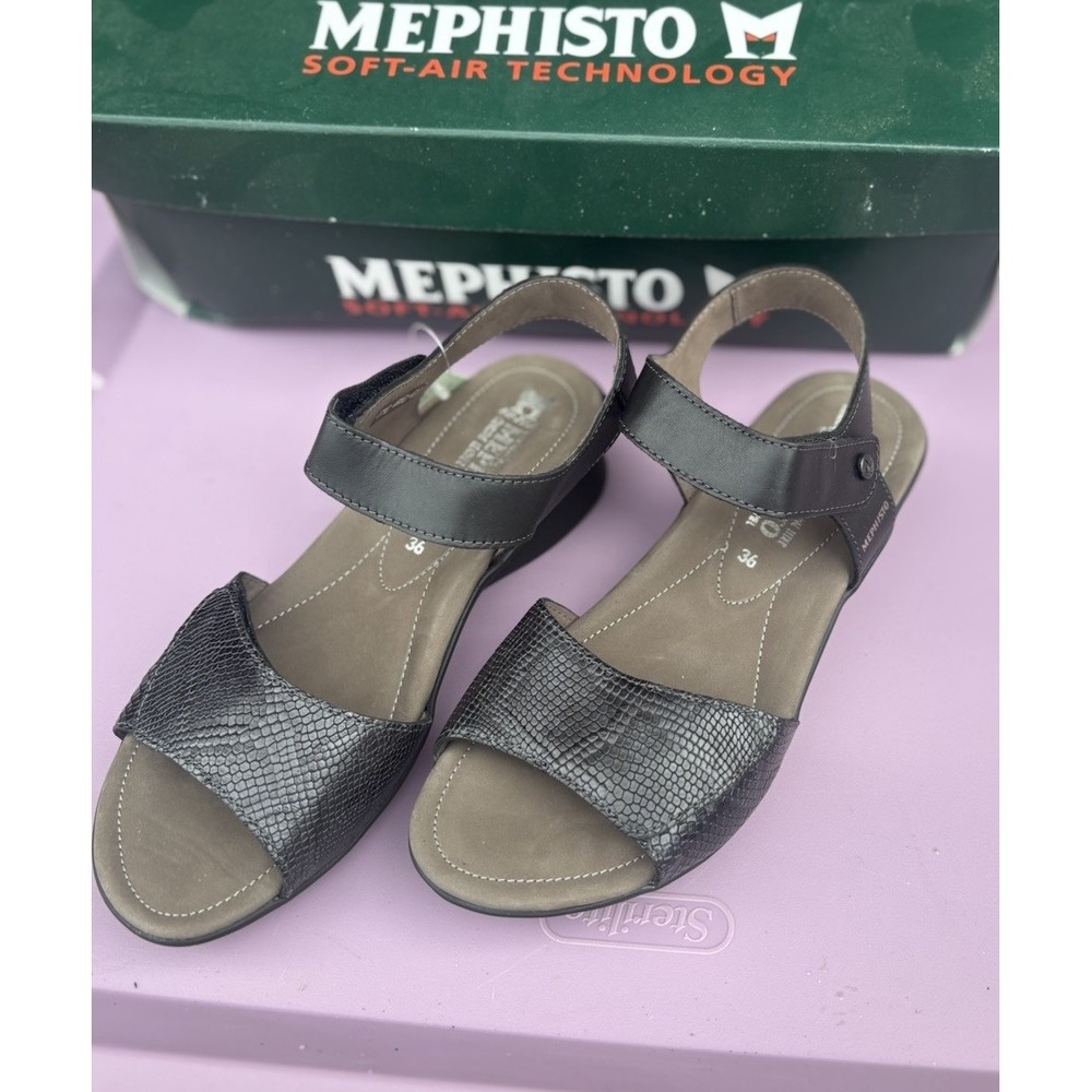Mephisto Black Leather Ankle Strap Causal Wedge Sandals Women's Sz 36eu/6 US